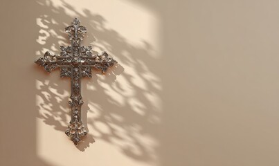 A decorative metal cross casting a shadow on a beige wall.