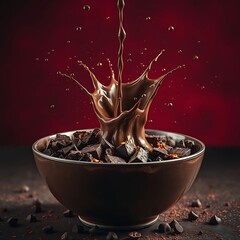 Dark Melted Chocolate Splashing into a Bowl of Rich Chocolate Chunks and Shavings, Against a Deep Red Background – Decadent Dessert Art Photography