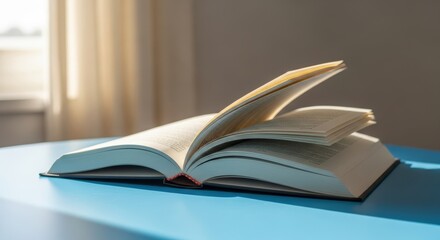 Open hardcover book on table illuminated by natural light celebrating book lovers day