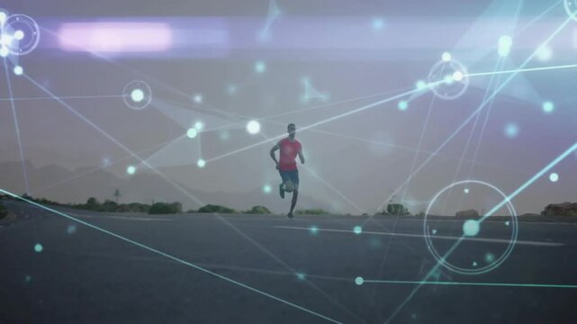 Emerging runner closing gap on twilight highway while overlaying tech nodes tracking performance
