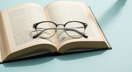 Celebrating book lovers day with open book and glasses on soft blue background