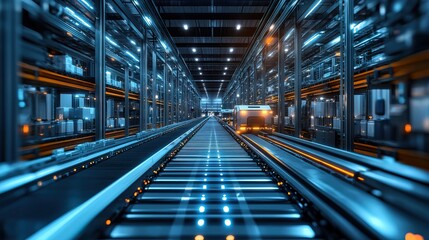 Fototapeta premium A fully automated AI warehouse where conveyor belts and robotic arms are connected by cables 