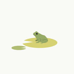 Green frog sitting on a lily pad in a serene pond, surrounded by calm water