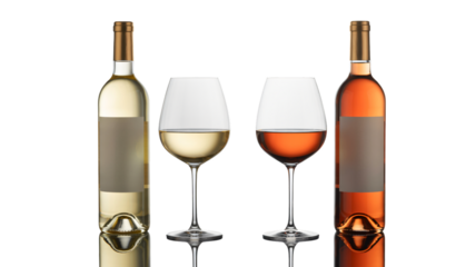 Two bottles, one of white wine and one of rosé, are shown next to two wine glasses filled with the corresponding wines, all against a white background.