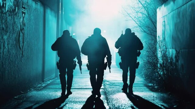 Vice squad detectives walk through a dark alley with flashlights and handguns during a nighttime operation, Vice squad detectives with handguns and flashlights running a drugs raid