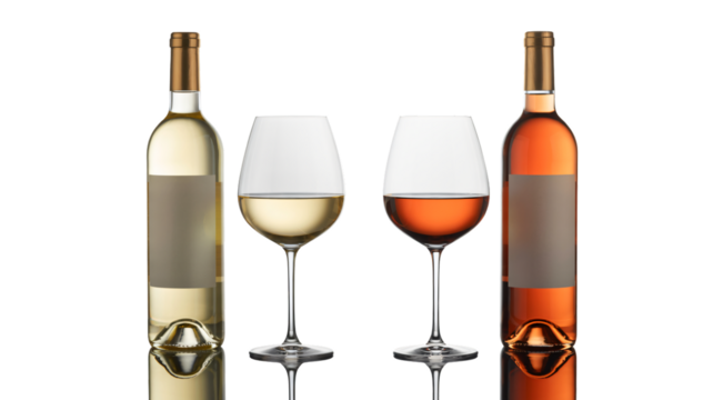 Two bottles, one of white wine and one of rosé, are shown next to two wine glasses filled with the corresponding wines, all against a white background.