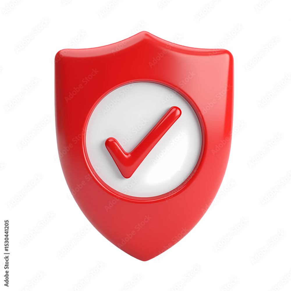 Poster a red shield with a white circle and a red check mark inside it isolated on transparent background