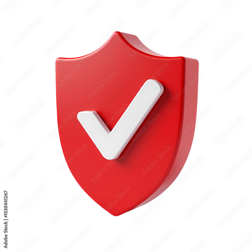 Poster a red shield with a white check mark on a black isolated background isolated on transparent backgrou