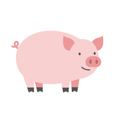 Playful cartoon pig resting on a soft surface with a simple background