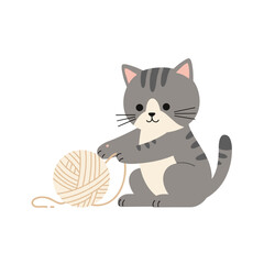 Cute cartoon cat playing with a ball of yarn in a minimalistic setting