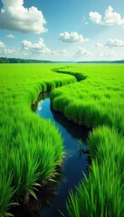 A surreal landscape of lush green marsh grasses shaped into whimsical mustaches, extending as far as the eye can see Nature's artistry creates a bizarre and beautiful scene , bog, sedge