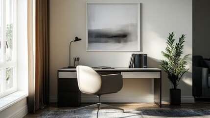 A chic home office with a minimalist desk, inspiring wall art, and a comfortable chair, AI Generative.