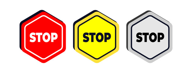 3D HeModern 3D hexagon stop signs in red, yellow, and gray. Perfect for safety signs, alerts, or warning graphics.