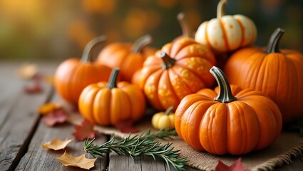 Close-up photo of various pumpkins and bright fall colors on a rustic wooden table, evoking warm memories of the season.