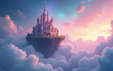 Obraz premium A magical castle floats among soft clouds, bathed in a dreamy, colorful sky filled with twinkling stars. High quality