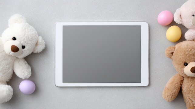 Tablet mock up with blank screen surrounded by plush teddy bears and colorful eggs on soft gray background, creating a playful and inviting atmosphere for children's content and design projects