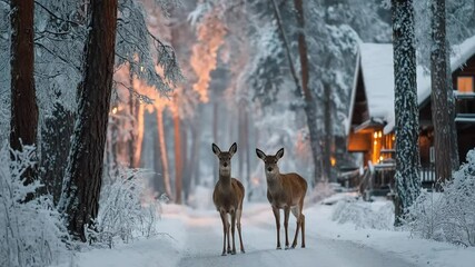 Serene winter scene with deer and cozy cabin in a snow-covered forest landscape - Powered by Adobe