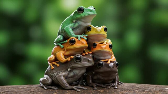 Adorable tree frogs stacked in pyramid shape