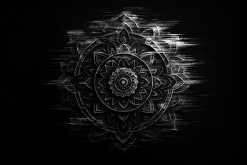 A monochrome digital mandala artwork with radial symmetry and a glitch effect on black background, combining mysticism and modern design.