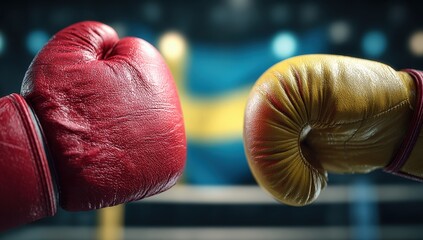 Boxing gloves, red and yellow, facing off in a ring, Swedish flag in background