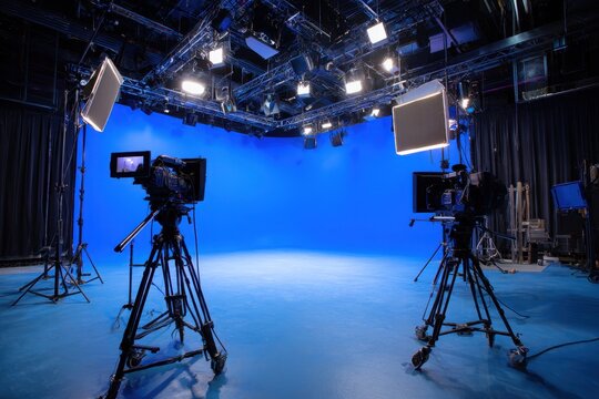 Studio set with cameras and blue screen