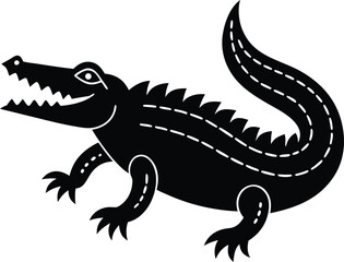 Stylized black and white illustration of a walking alligator with distinctive features
