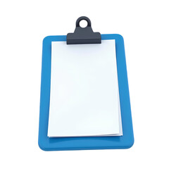 A blue clipboard with white paper and a black clip isolated on transparent background