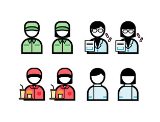 シンプルなカラーの職業イラストアイコンセット（白衣・医療従事者・エプロンと三角巾・ファストフード店員）