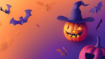An interesting Halloween scene: a blinking pumpkin lantern, surrounded by bats and minimalist witch hats. With subtle horror shadows.