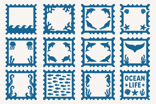 Underwater Ocean Sea Life Postage Stamp Frame Silhouette Clipart Set