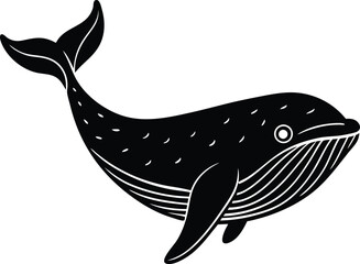 Stylized Black and White Whale Illustration Swimming in the Ocean Depths