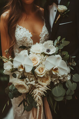 Beautiful wedding bouquet featuring white orchids, cream roses, and lush greenery, held by bride in elegant lace dress, radiating love and joy on special day
