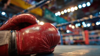 Worn red boxing gloves on a dimly lit ring floor