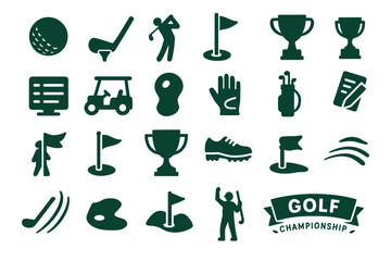 Golf Championship Black Silhouette Icon Set with Equipment and Sports Symbols