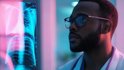 Black man doctor medical professional analyzing chest X-ray in modern clinic setting   - Powered by Adobe