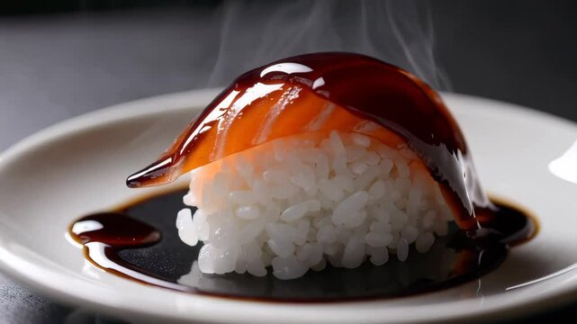 Elegant Salmon Sushi Nigiri with Teriyaki Glaze, Japanese Cuisine Delicacy on White Plate, Gourmet Food Still Life Photography