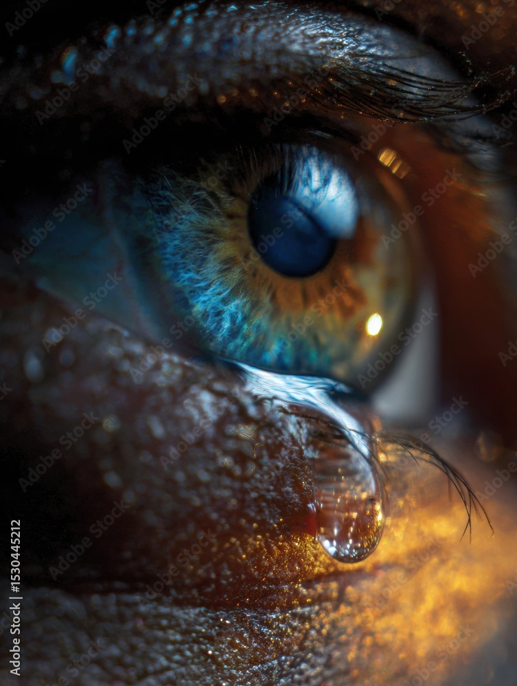 Poster Macro View of an Eye Demonstrating Vibrant Colors With a Tear Droplet Captured in Cinematic Lighting and a Right Margin Open for Focus