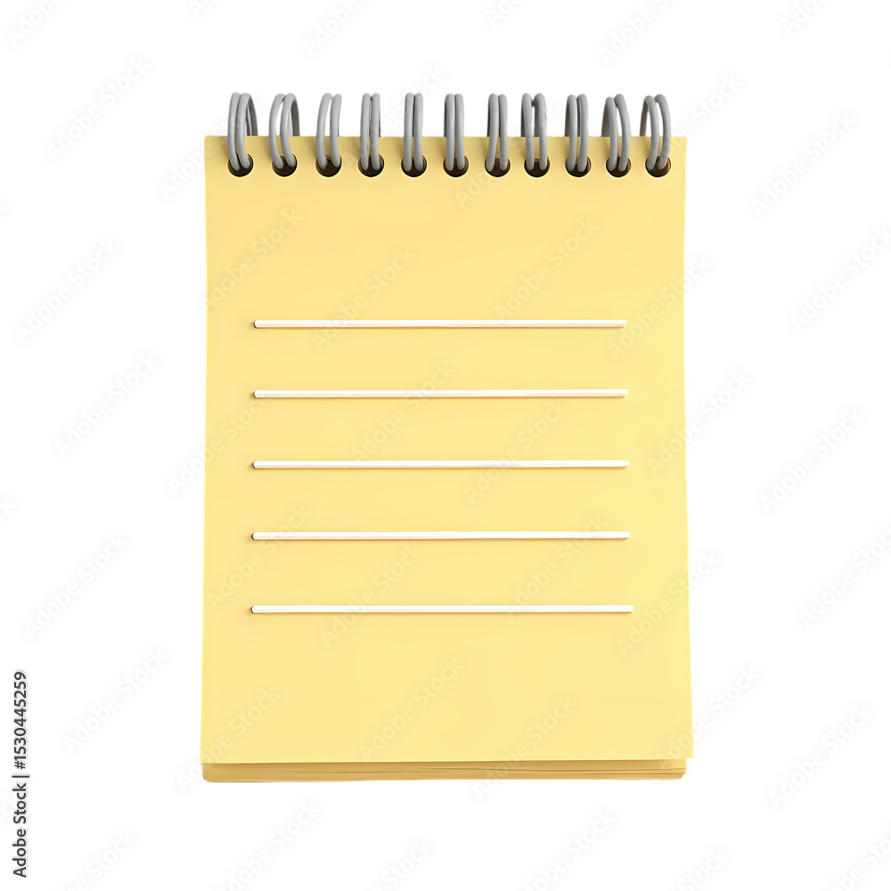 Poster a yellow notepad with horizontal lines and a silver spiral binding isolated on transparent backgroun