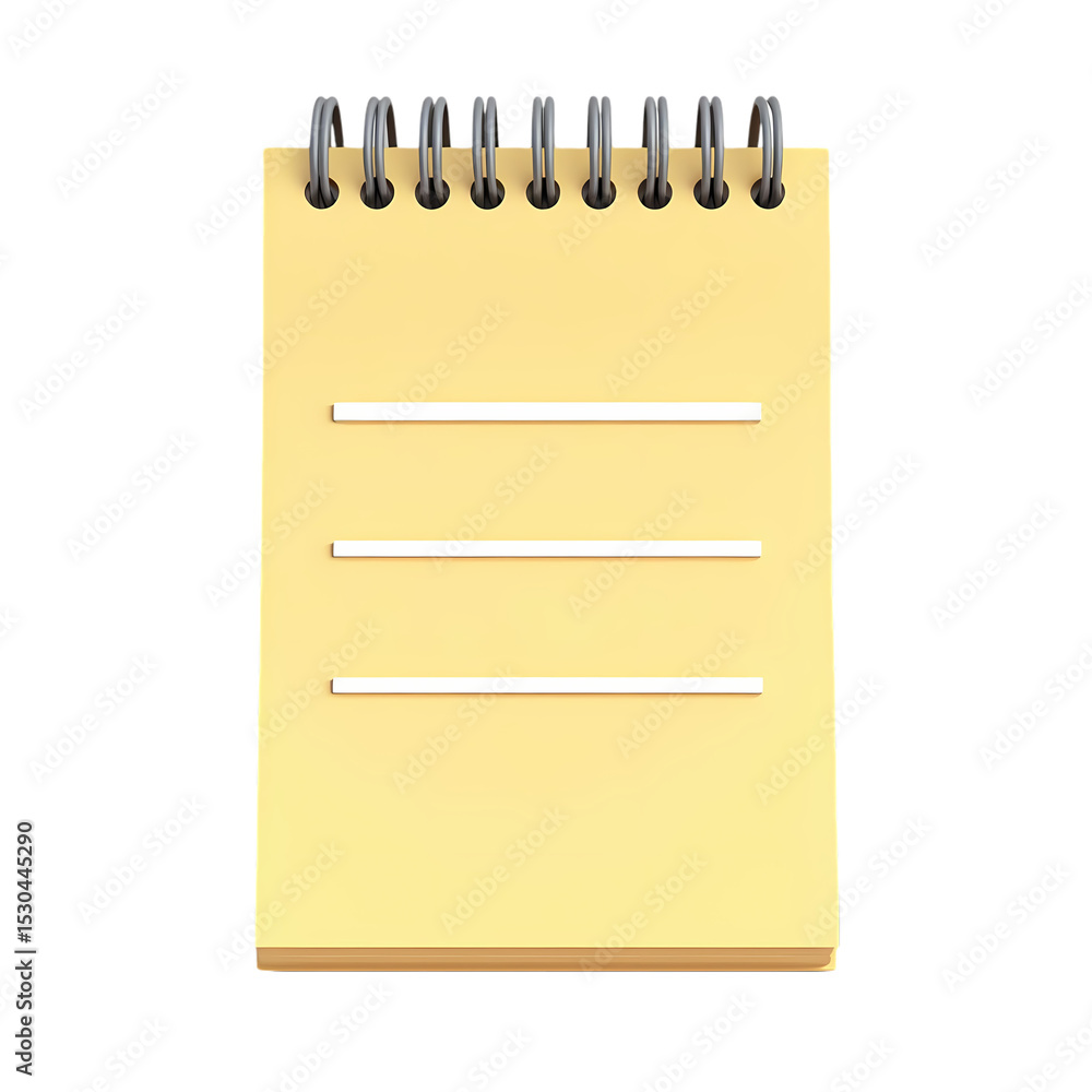 Poster a yellow notepad with three white lines and a metal spiral binding isolated on transparent backgroun