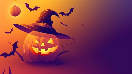An interesting Halloween scene: a blinking pumpkin lantern, surrounded by bats and minimalist witch hats. With subtle horror shadows.