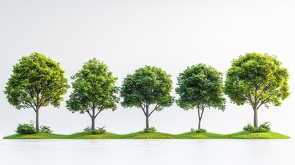 Five lush green trees standing in a row on small grassy mounds, isolated on a white background, symbolizing nature, growth, and eco-friendly concepts.