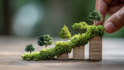Small trees planted on a rising wooden graph, symbolizing growth and sustainability