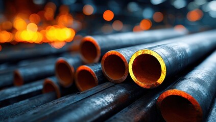 Stacked metal pipes in a factory