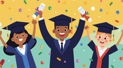 "Happy Diverse Kids Graduating – Cartoon Celebration Illustration"