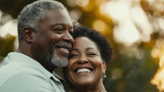 Loving elderly black couple smiling together outdoors during sunset