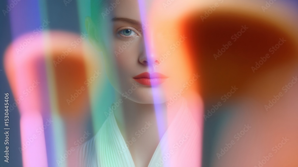 Poster a closeup view of a womans face in front of a smart mirror where luminescent brush strokes of makeup
