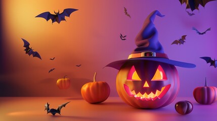 An interesting Halloween scene: a blinking pumpkin lantern, surrounded by bats and minimalist witch hats. With subtle horror shadows.