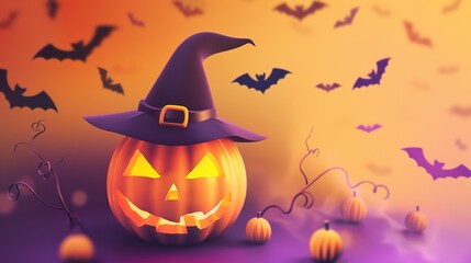An interesting Halloween scene: a blinking pumpkin lantern, surrounded by bats and minimalist witch hats. With subtle horror shadows.