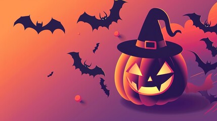 An interesting Halloween scene: a blinking pumpkin lantern, surrounded by bats and minimalist witch hats. With subtle horror shadows.