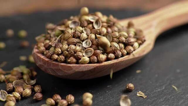 A close-up of coriander seeds in a wooden spoon on a rustic surface.